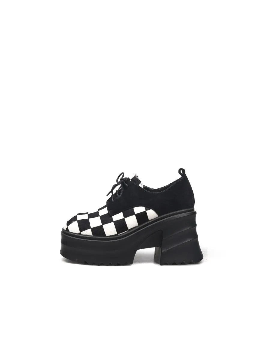 Chess Pattern Upper Suede Chunky Heel Oxford