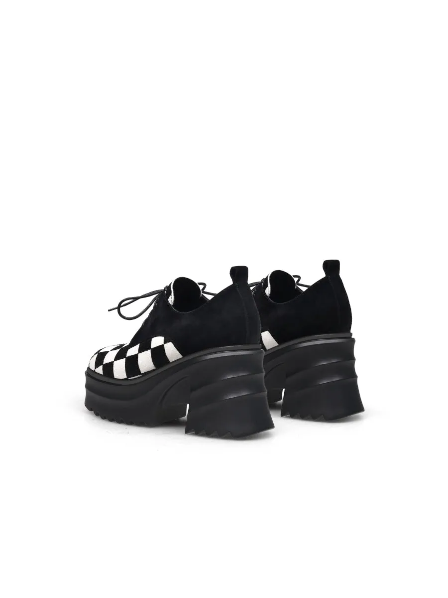 Chess Pattern Upper Suede Chunky Heel Oxford