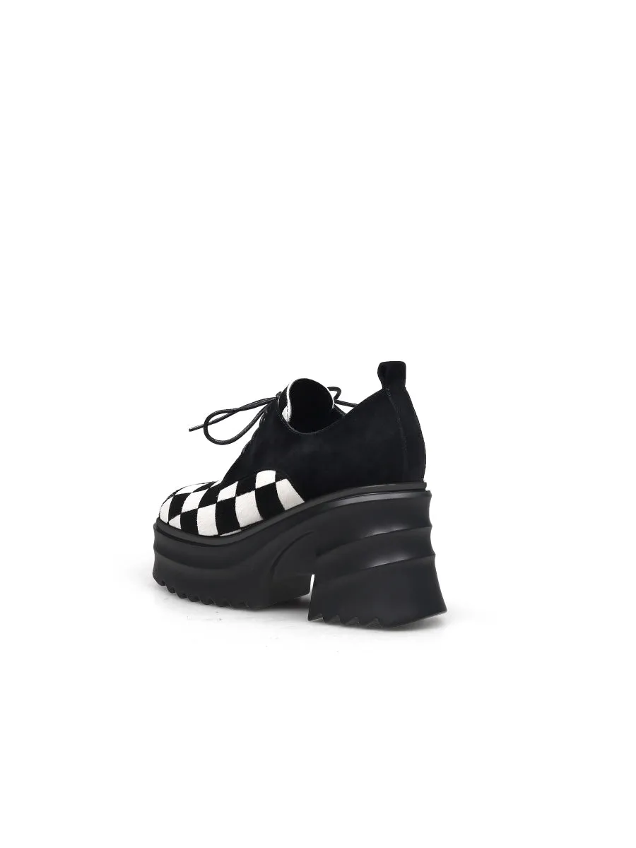 Chess Pattern Upper Suede Chunky Heel Oxford