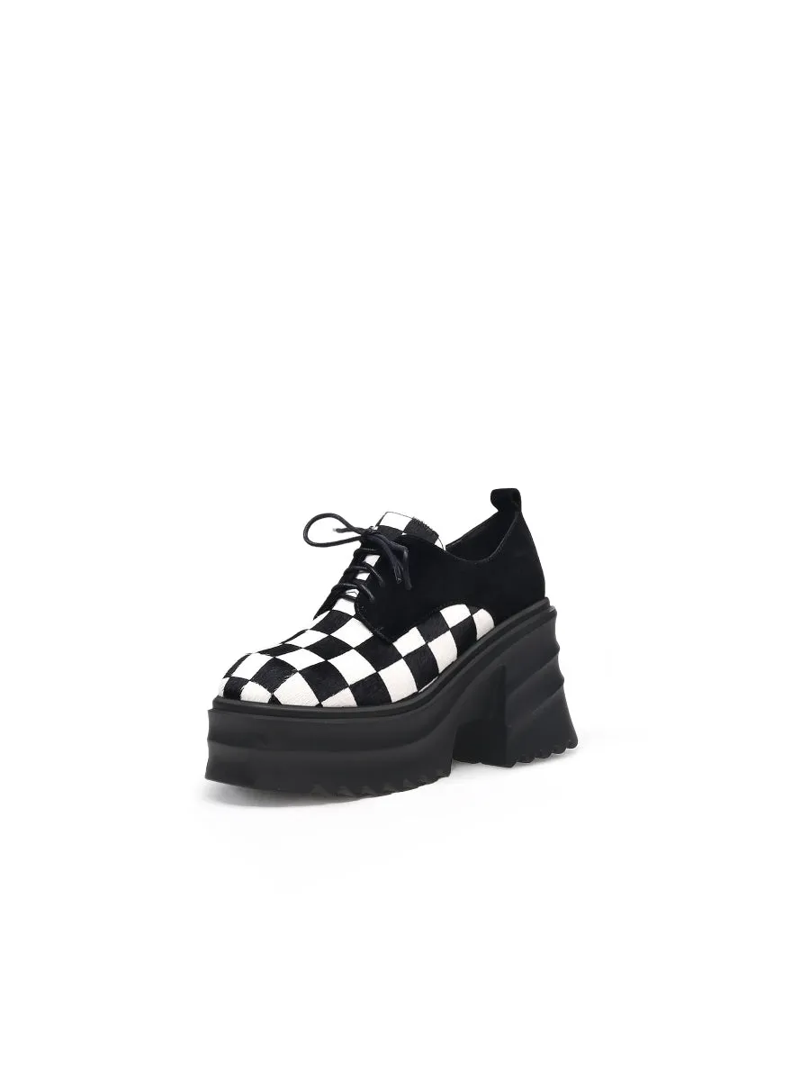 Chess Pattern Upper Suede Chunky Heel Oxford