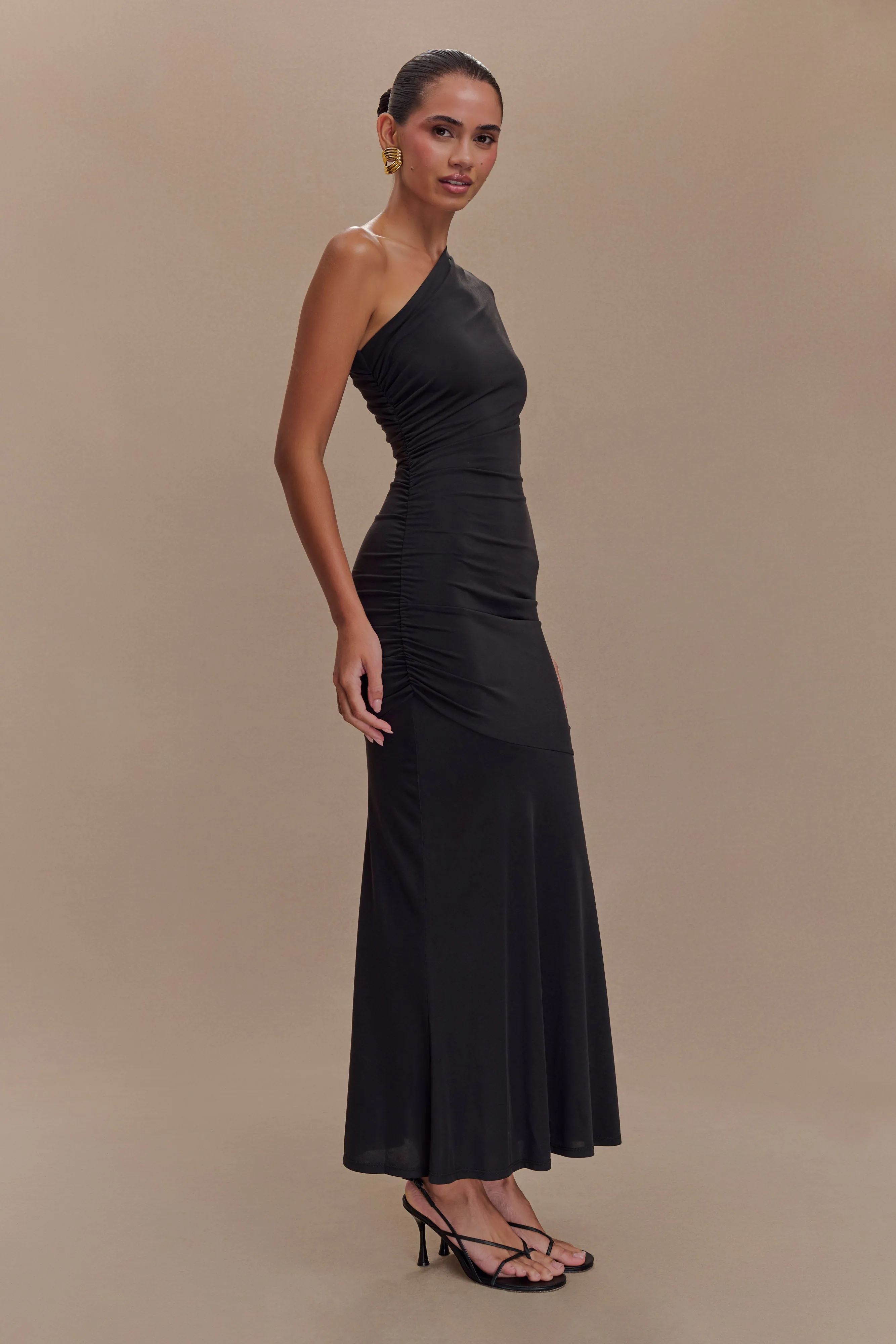Chloe Peached Jersey One Shoulder Midi Dress - Black