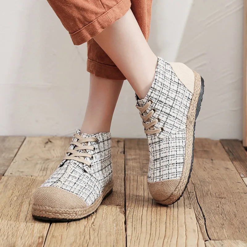 Classic Metallic Plaid Hi-Top Sneakers Espadrilles - Cactus Rose