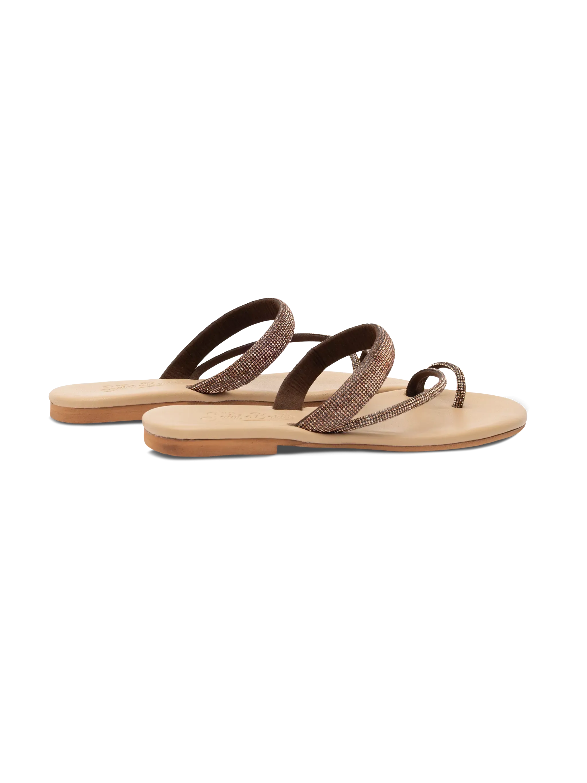 Cora flat Sandals with toe ring and brown rhinestones