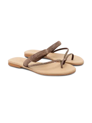 Cora flat Sandals with toe ring and brown rhinestones