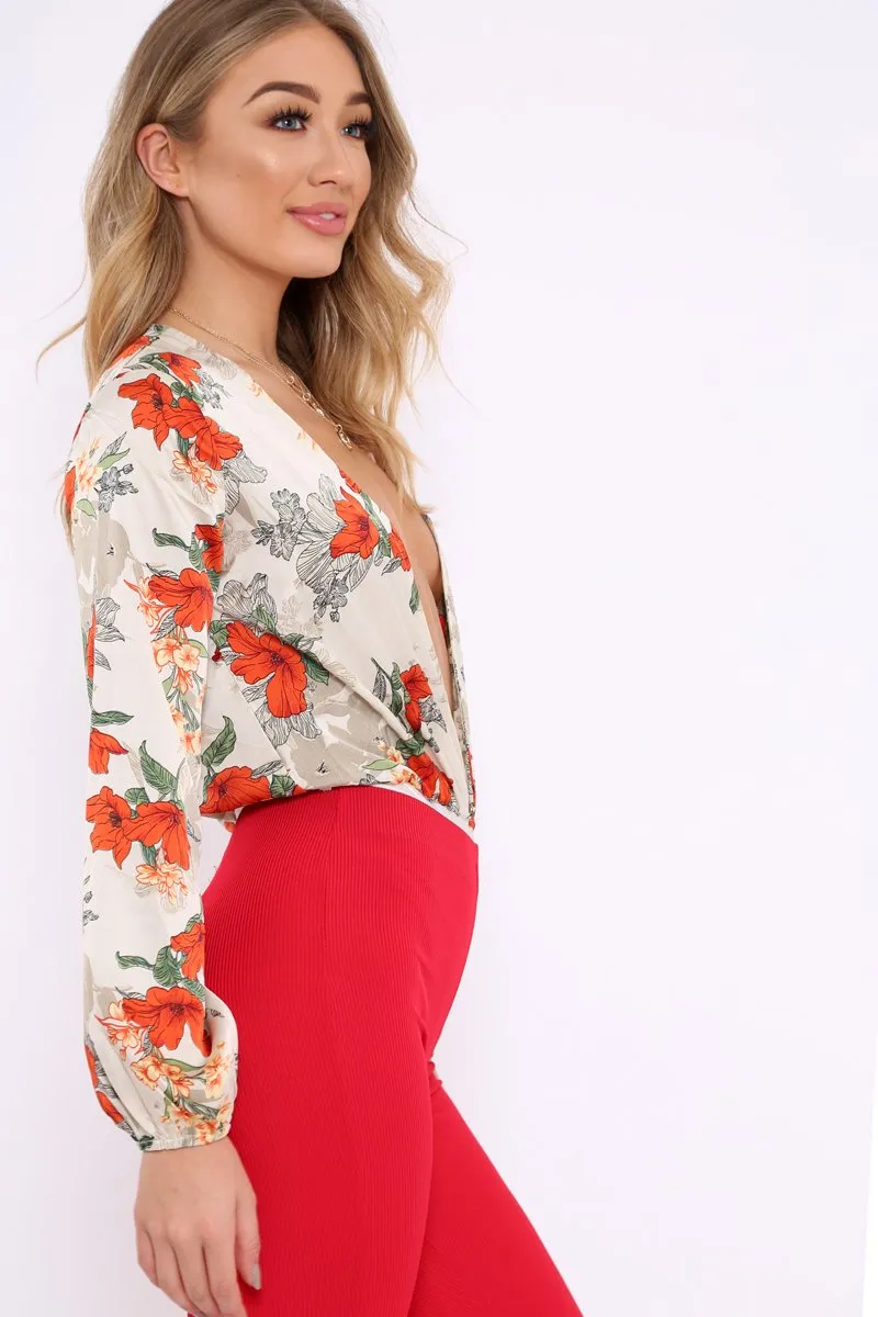 Cream Floral Long Sleeve Plunge Bodysuit - Nicole