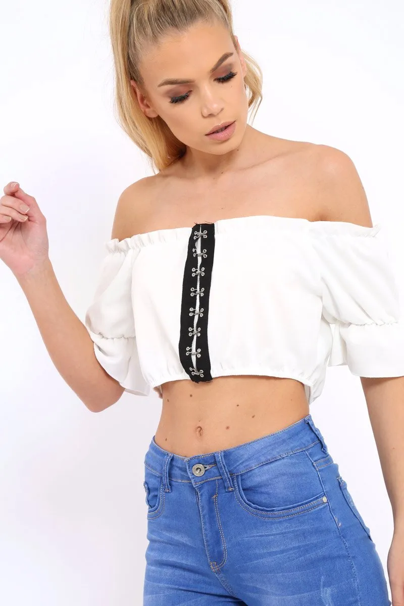 Cream Hook And Eye Bardot Frill Crop Top - Reanna