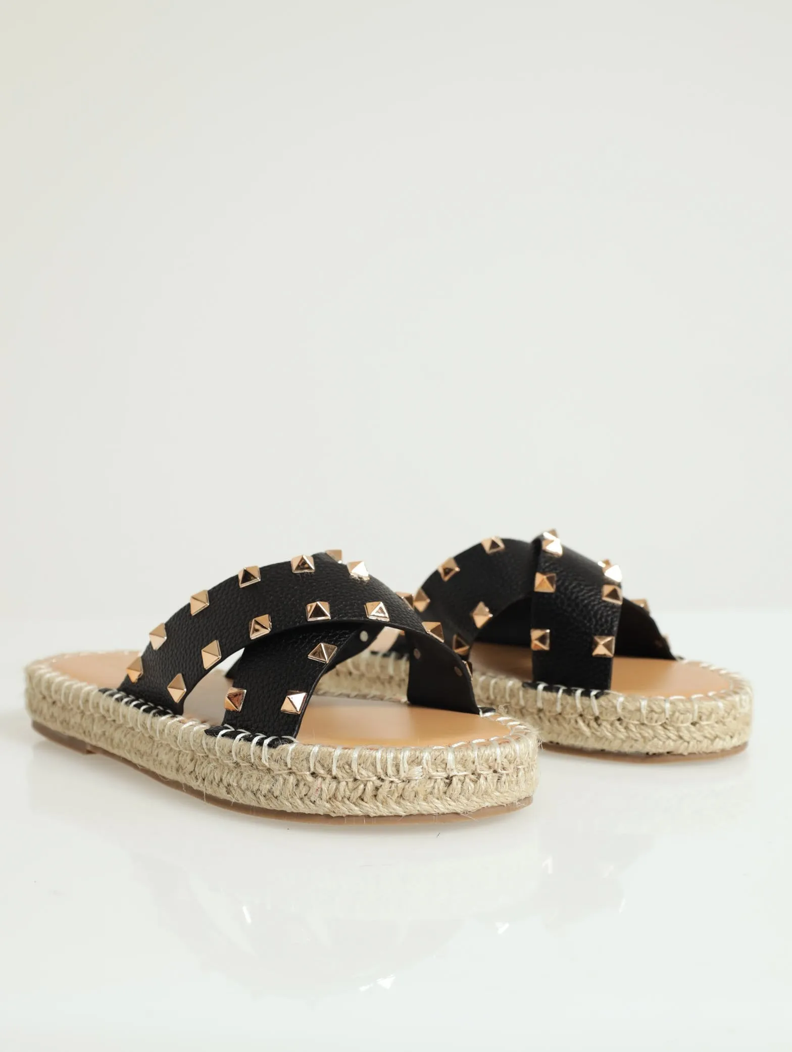 Cross-Over Studded Espadrille Flat Sandal - Black