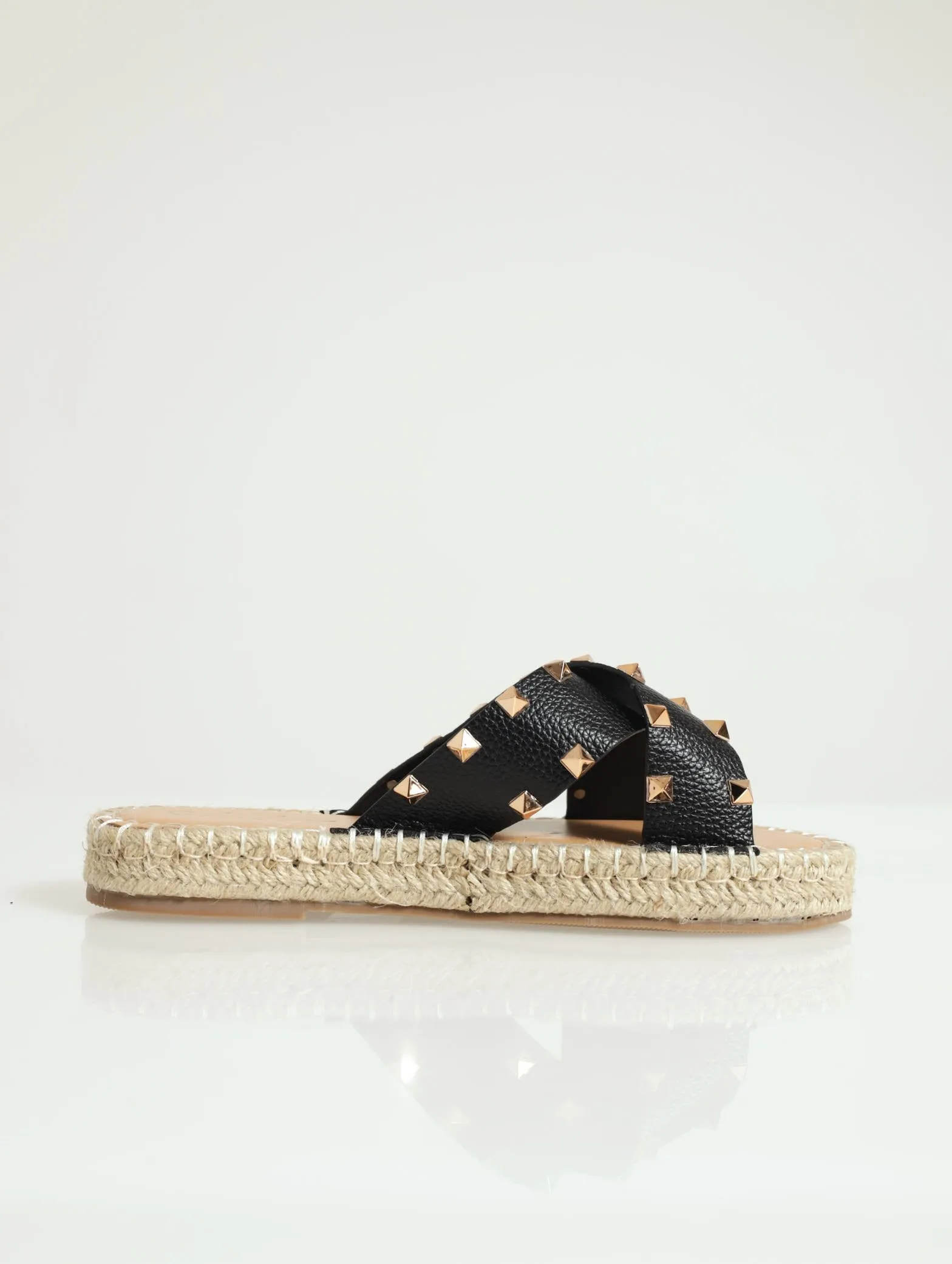 Cross-Over Studded Espadrille Flat Sandal - Black