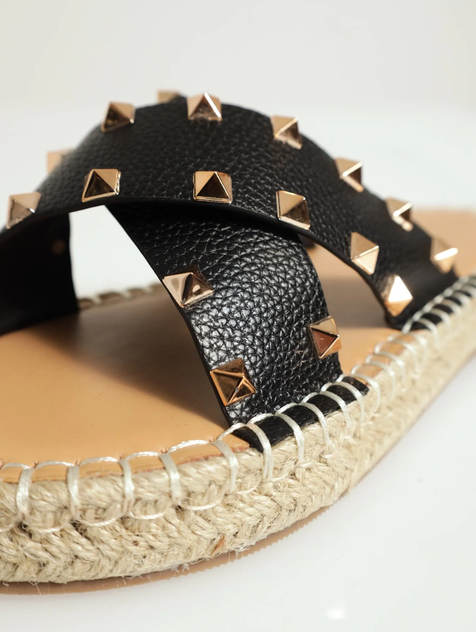 Cross-Over Studded Espadrille Flat Sandal - Black