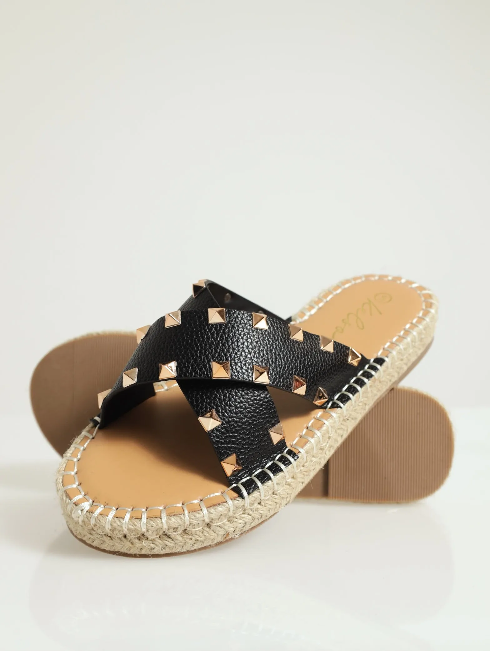 Cross-Over Studded Espadrille Flat Sandal - Black