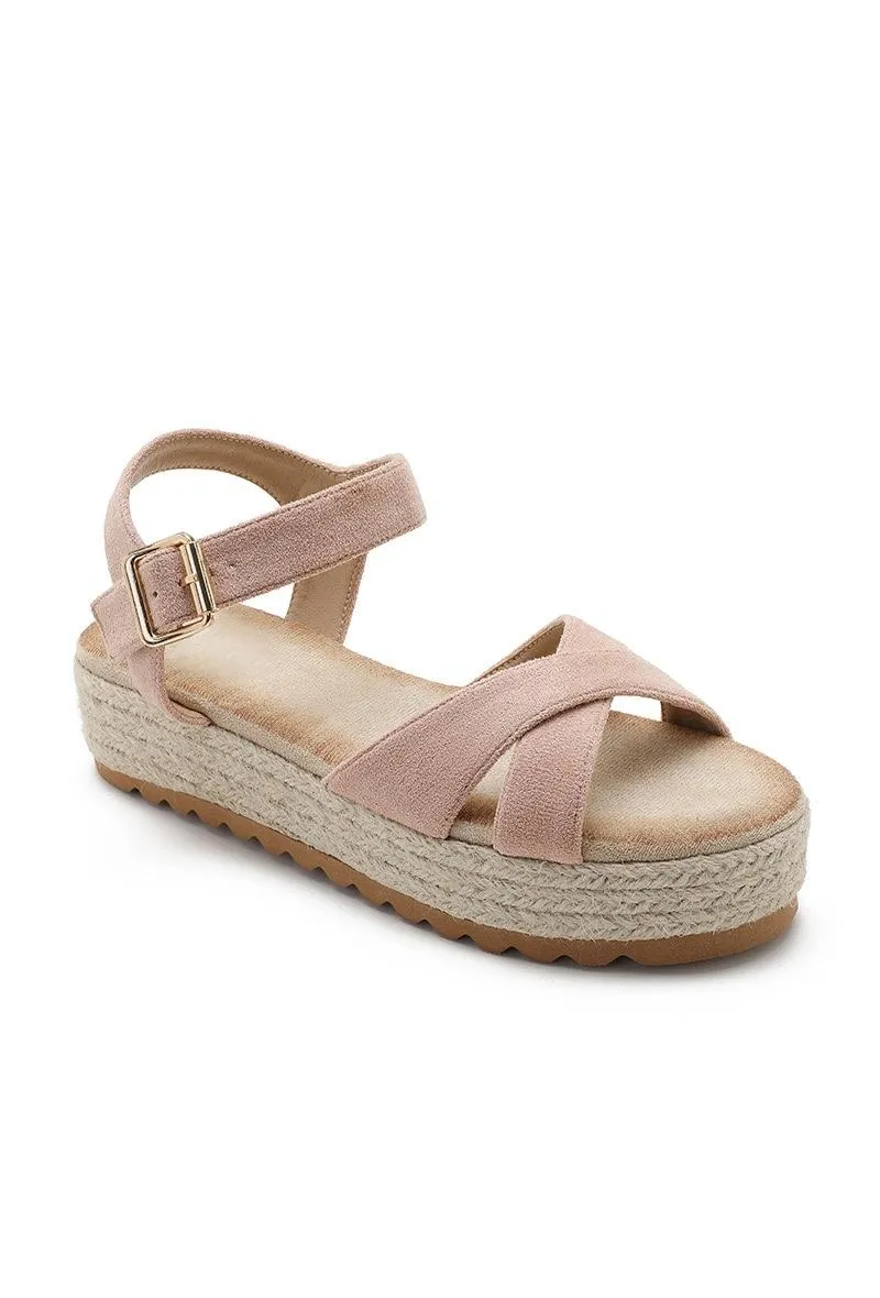 CROSS STRAP ESPADRILLE PLATFORM OPEN TOE BUCKLED SANDALS IN PINK
