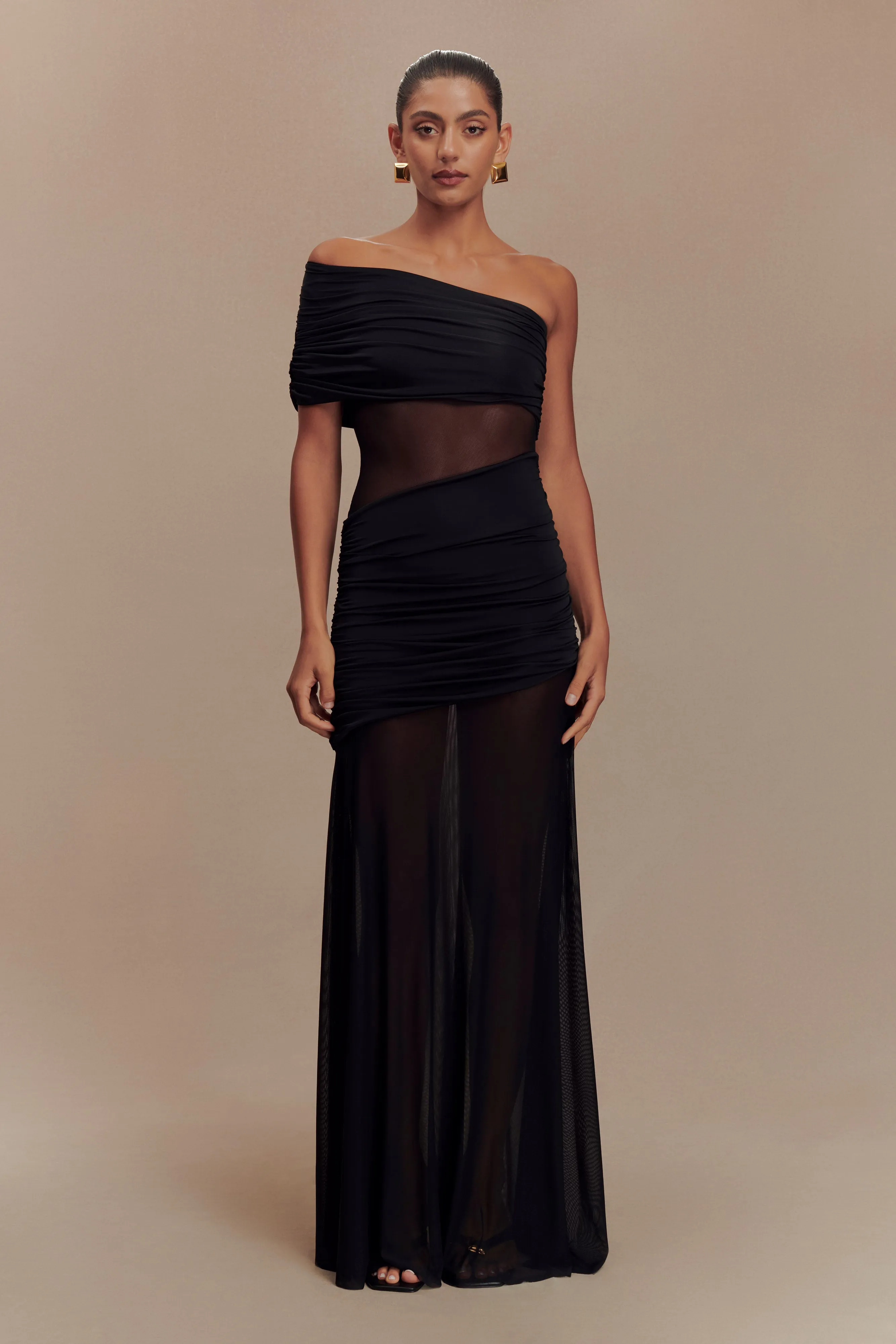 Dallas One Shoulder Mesh Maxi Dress - Black