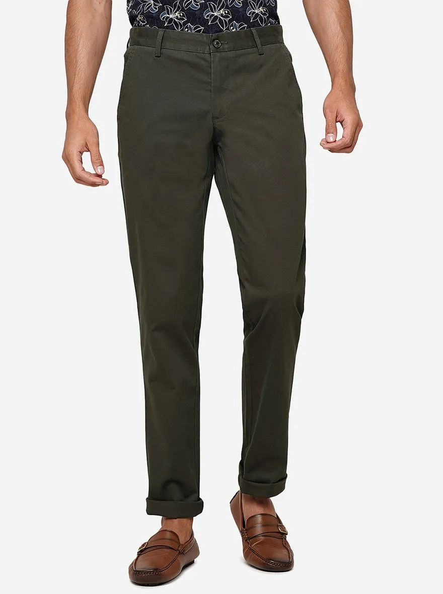 Dark Olive Solid Uno Fit Casual Trouser | JadeBlue
