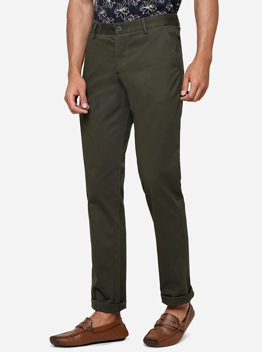 Dark Olive Solid Uno Fit Casual Trouser | JadeBlue