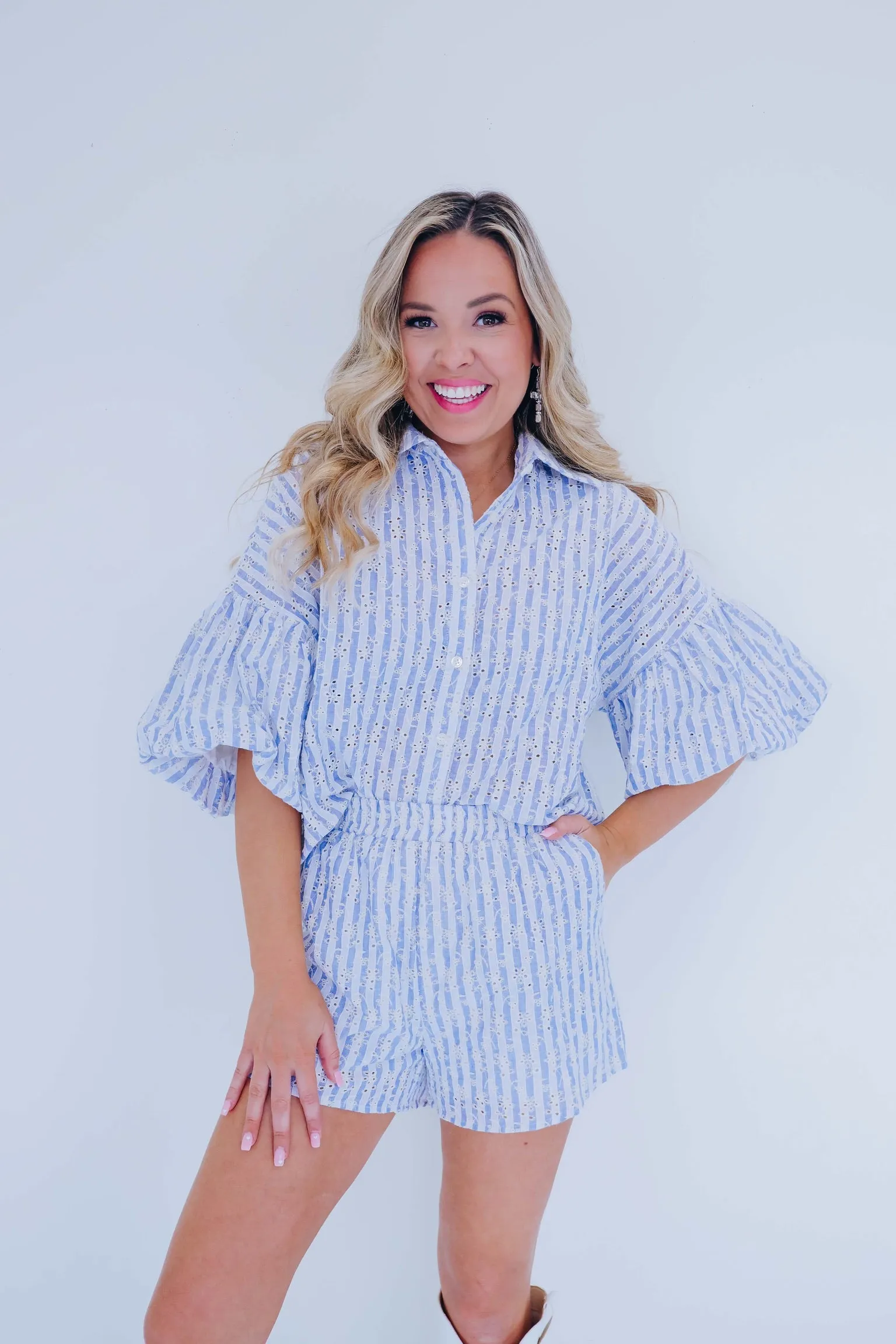 Dixie Denim Striped Eyelet Short Set - Blue/Ivory