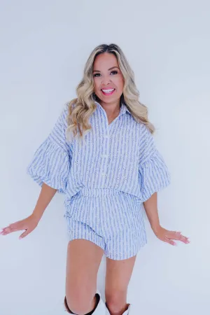 Dixie Denim Striped Eyelet Short Set - Blue/Ivory