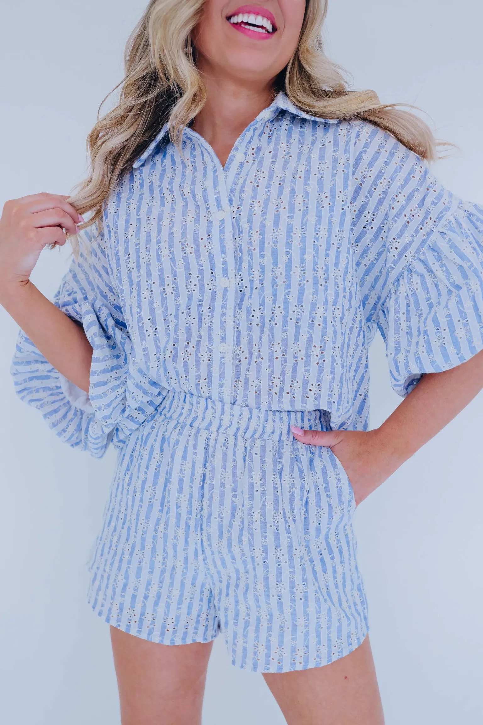 Dixie Denim Striped Eyelet Short Set - Blue/Ivory
