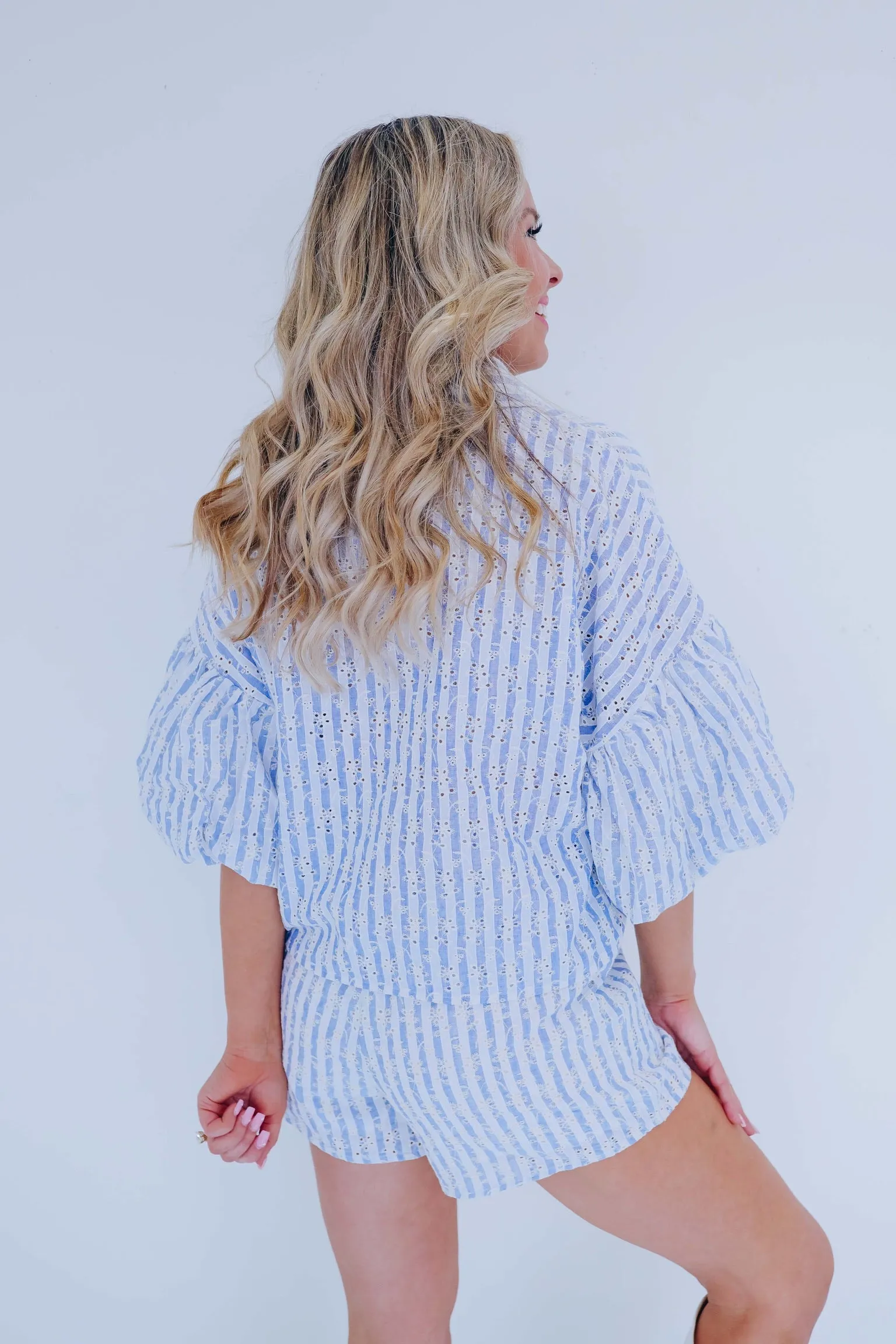 Dixie Denim Striped Eyelet Short Set - Blue/Ivory