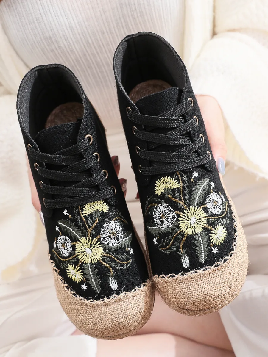 Embroidered Dandelion Round Toe Hi-Top Sneakers Espadrilles