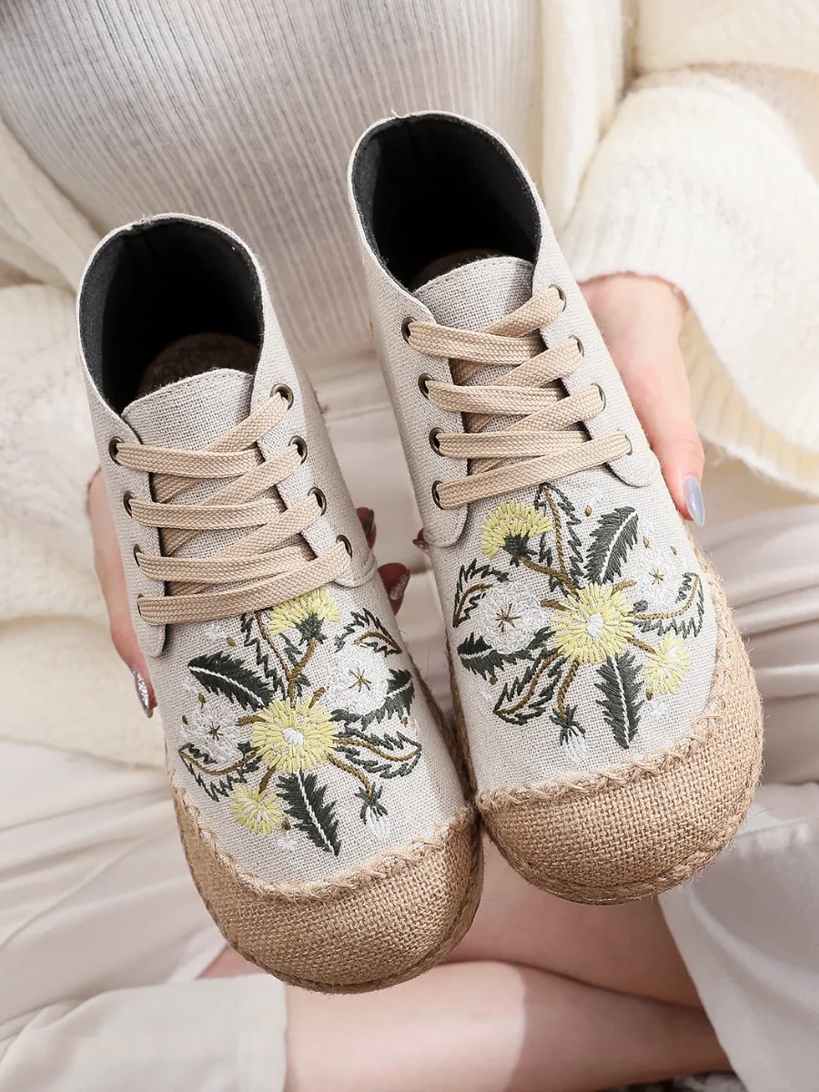 Embroidered Dandelion Round Toe Hi-Top Sneakers Espadrilles