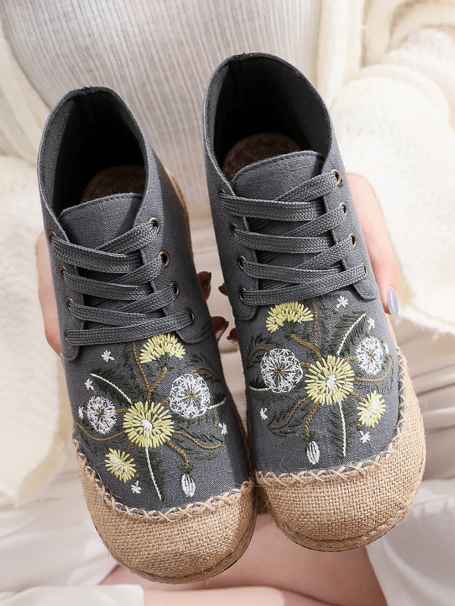 Embroidered Dandelion Round Toe Hi-Top Sneakers Espadrilles