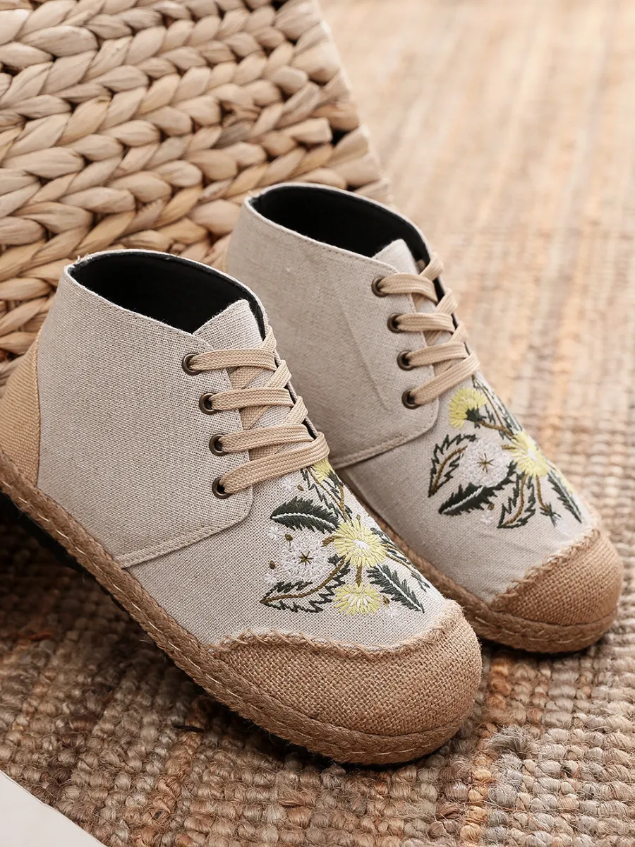 Embroidered Dandelion Round Toe Hi-Top Sneakers Espadrilles