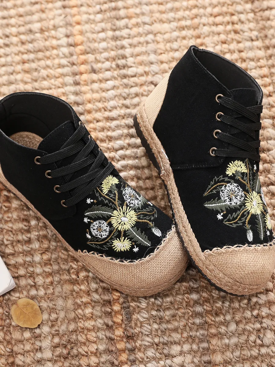 Embroidered Dandelion Round Toe Hi-Top Sneakers Espadrilles