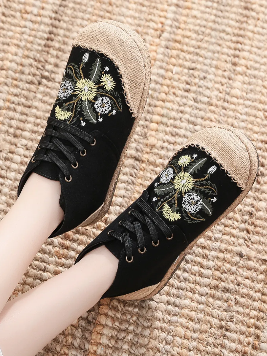 Embroidered Dandelion Round Toe Hi-Top Sneakers Espadrilles