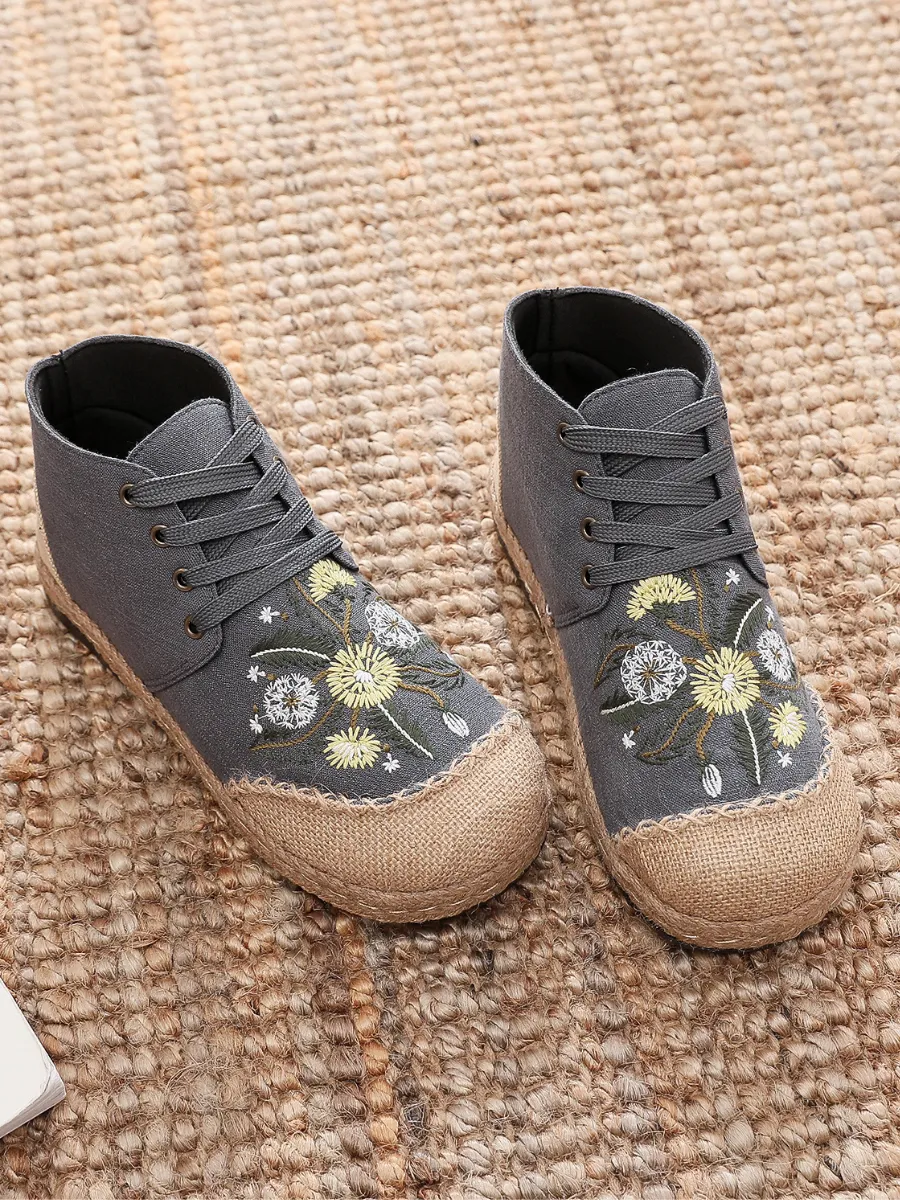 Embroidered Dandelion Round Toe Hi-Top Sneakers Espadrilles