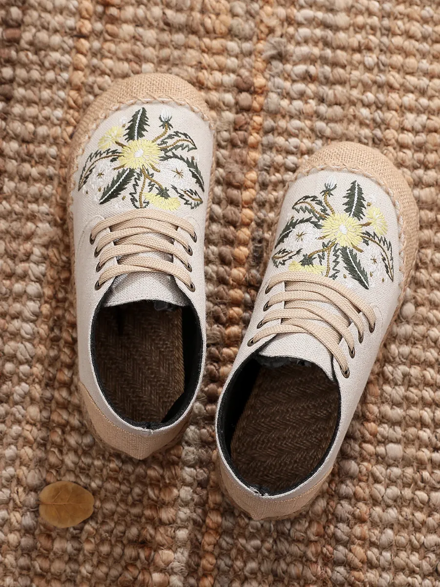 Embroidered Dandelion Round Toe Hi-Top Sneakers Espadrilles