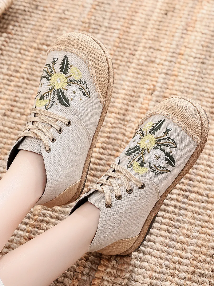Embroidered Dandelion Round Toe Hi-Top Sneakers Espadrilles