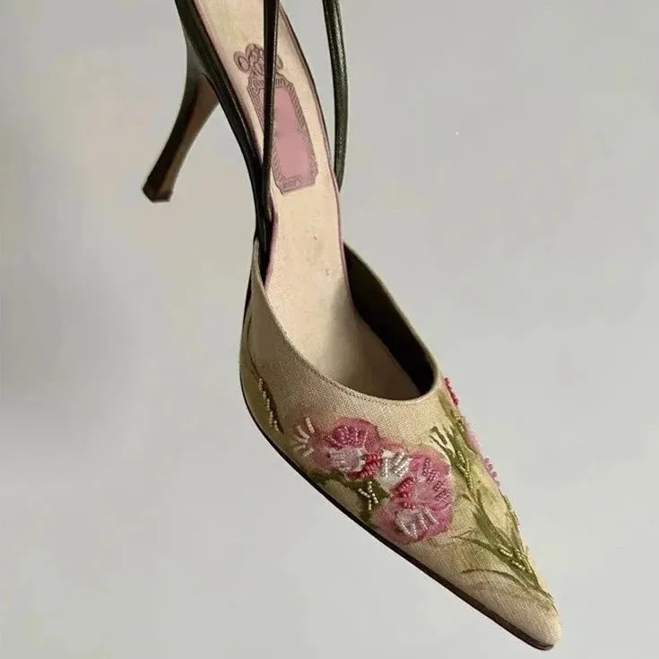 Embroidered Intricate Kitten Heels