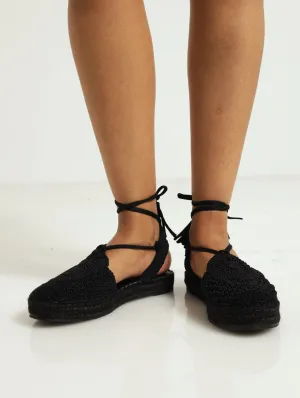 Espadrille Flat With Ankle Tie - Black