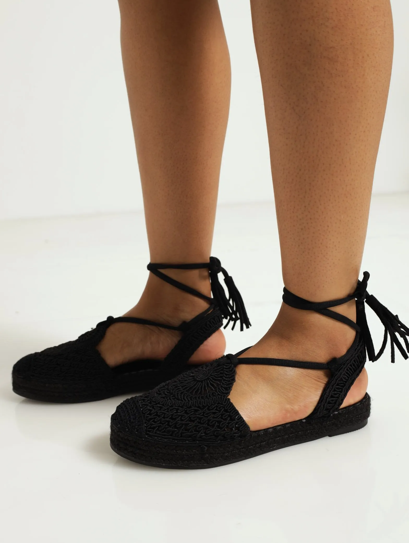 Espadrille Flat With Ankle Tie - Black