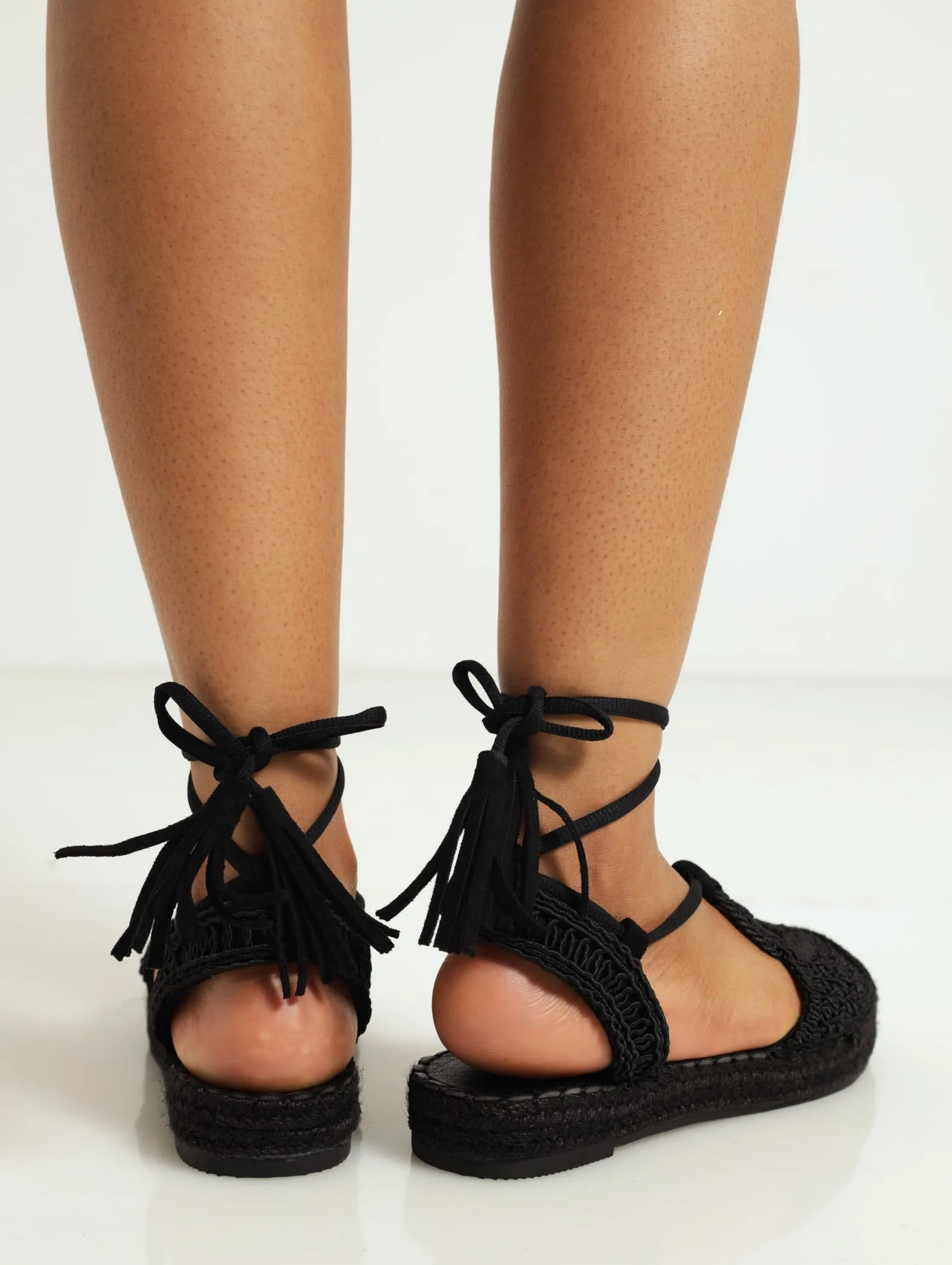 Espadrille Flat With Ankle Tie - Black