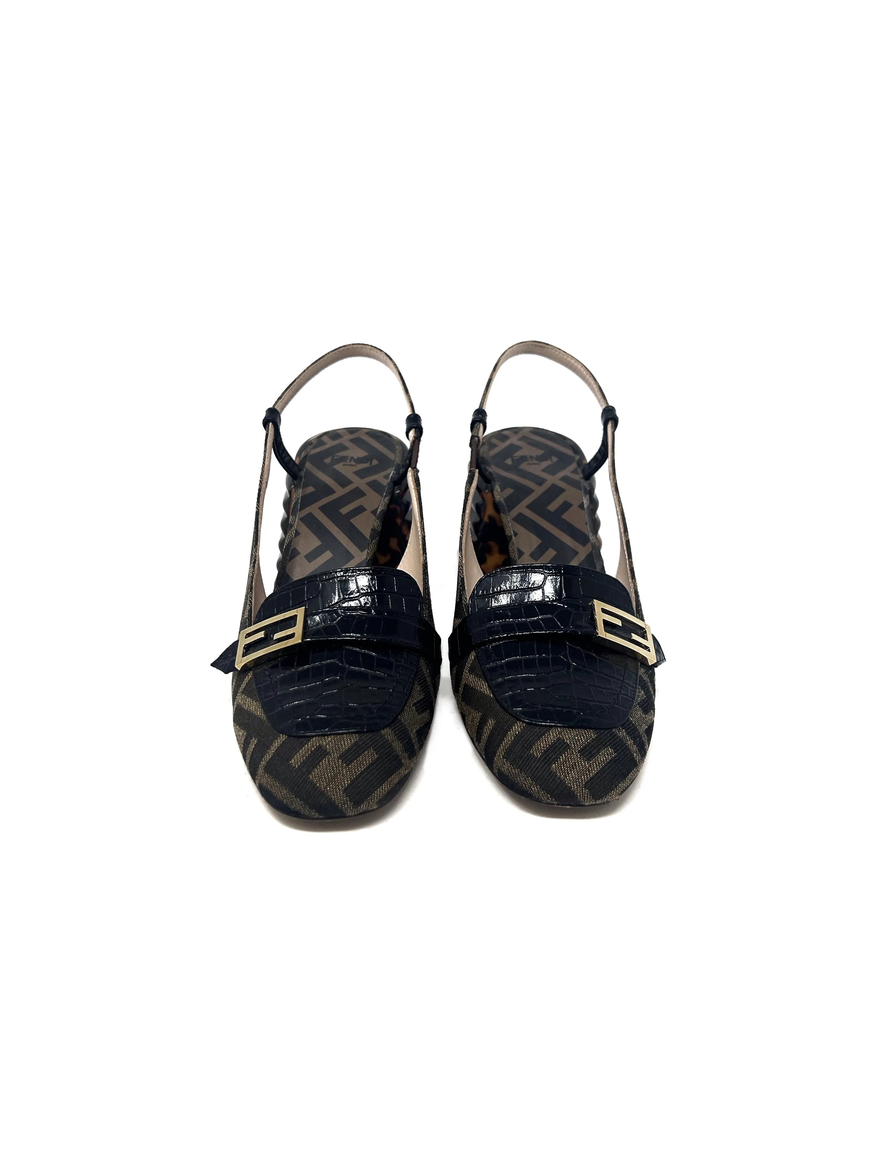 Fendi W Shoe Size 38.5 WB! 'Promenade' Zucca Monogram Block Heel Slingbacks