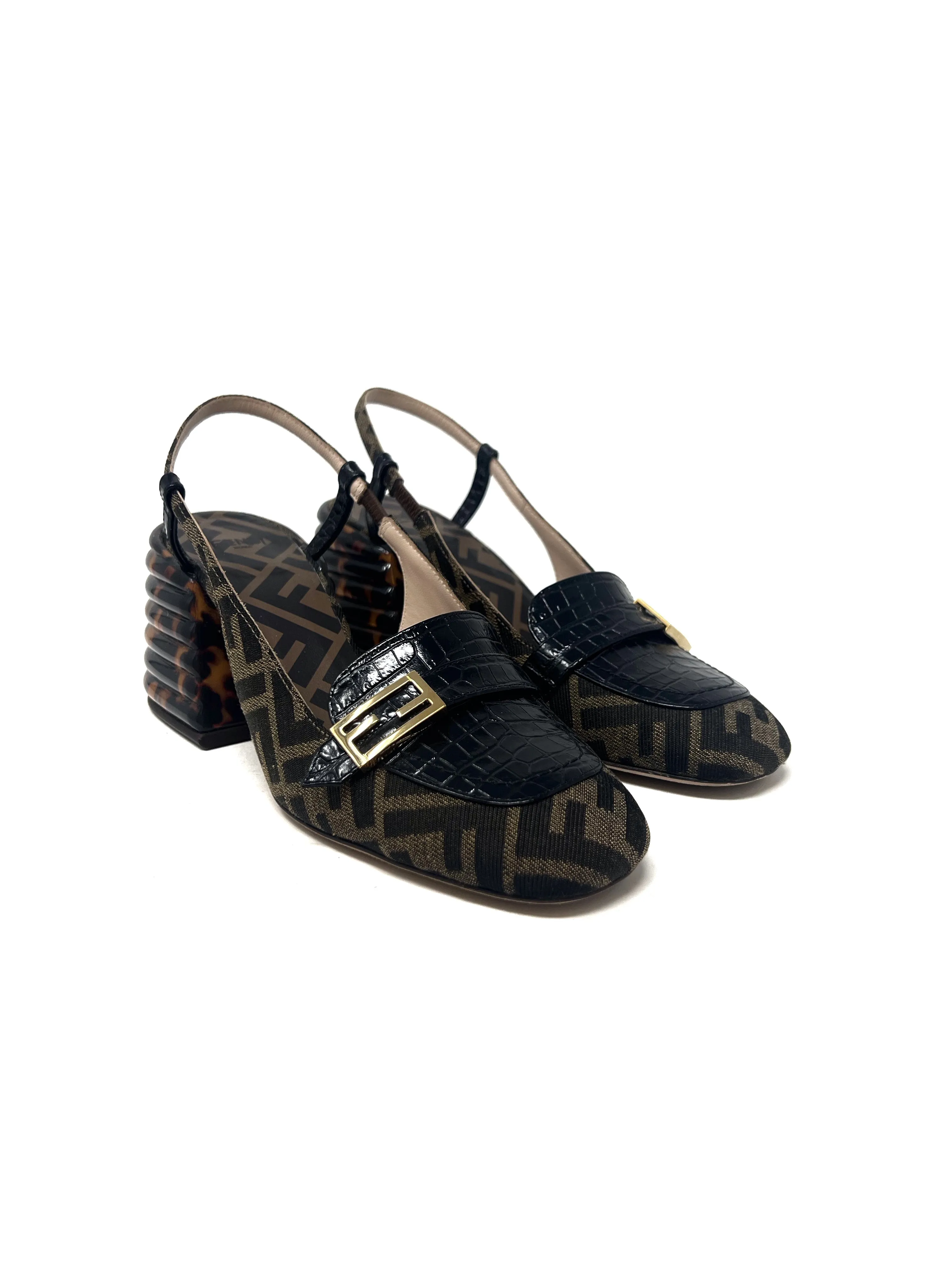 Fendi W Shoe Size 38.5 WB! 'Promenade' Zucca Monogram Block Heel Slingbacks