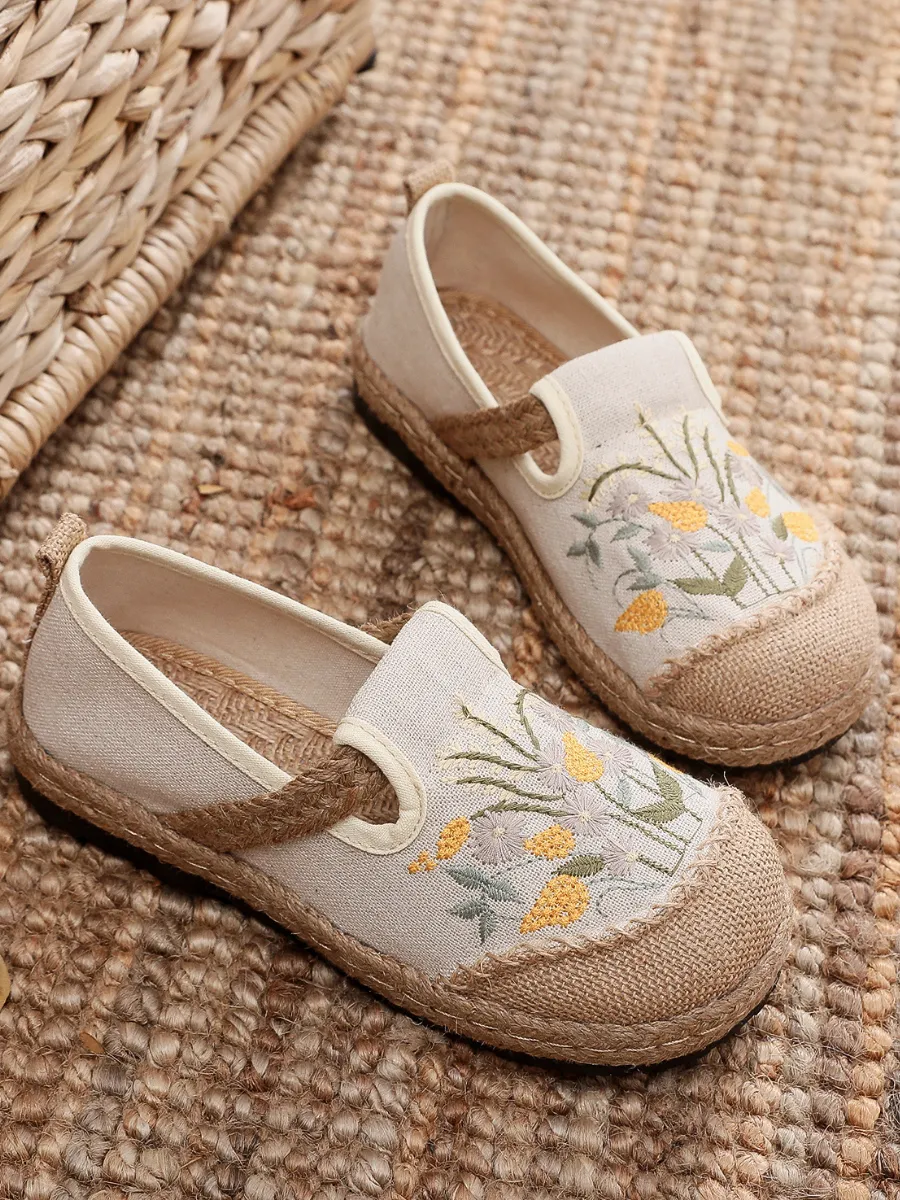 Field Corn Embroidered Round Toe Linen Espadrilles - Beige