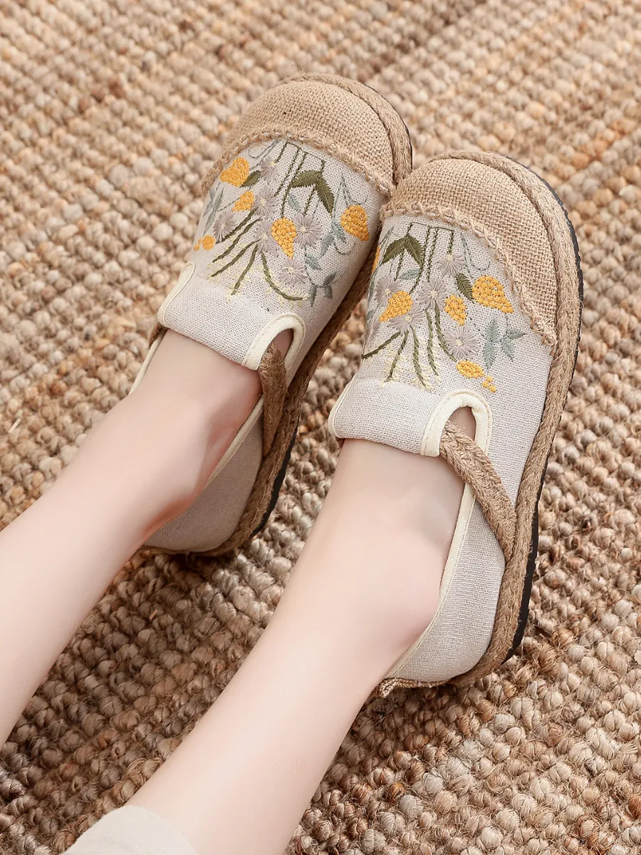 Field Corn Embroidered Round Toe Linen Espadrilles - Beige