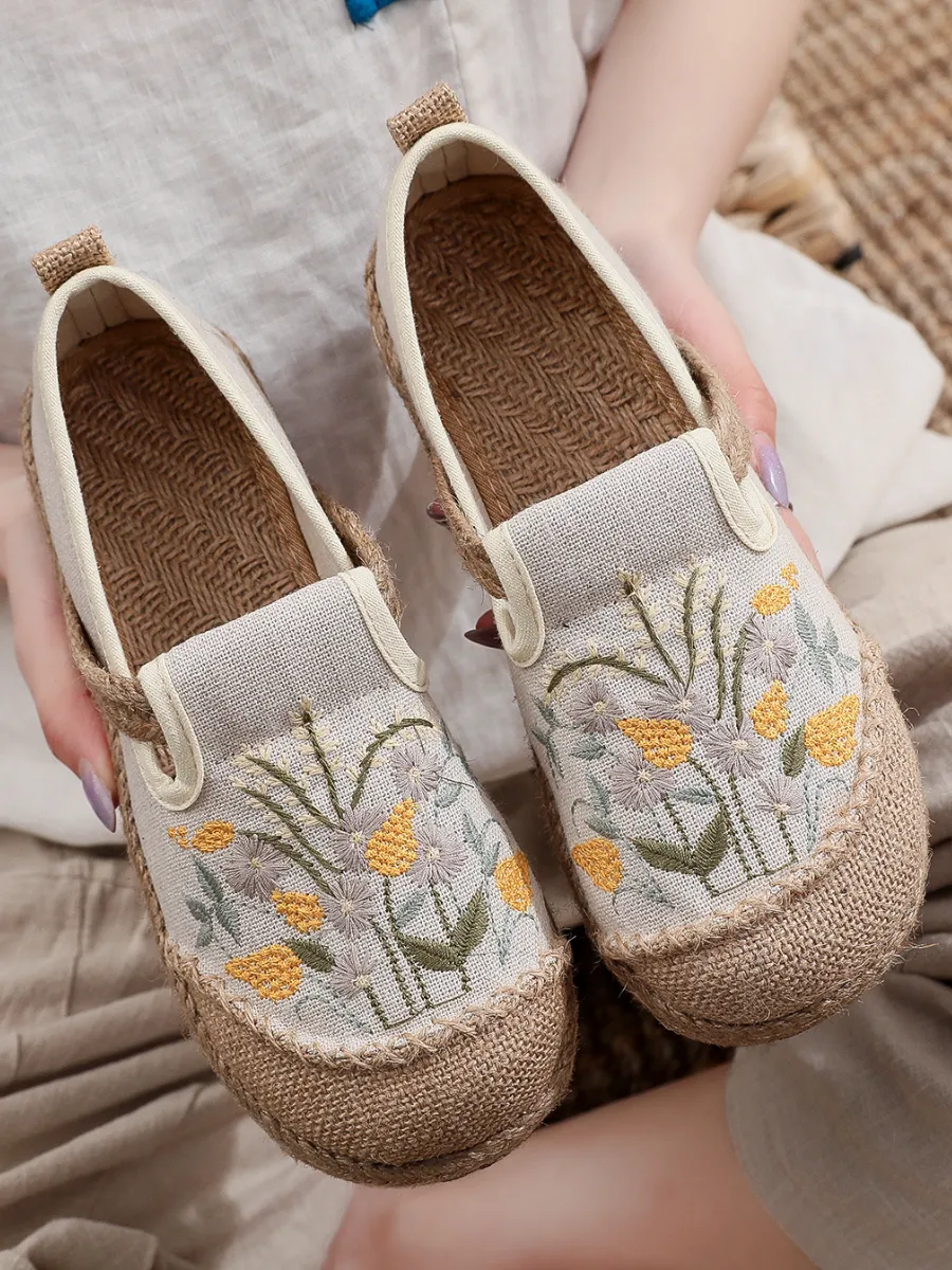 Field Corn Embroidered Round Toe Linen Espadrilles - Beige