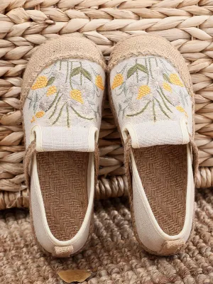 Field Corn Embroidered Round Toe Linen Espadrilles - Beige