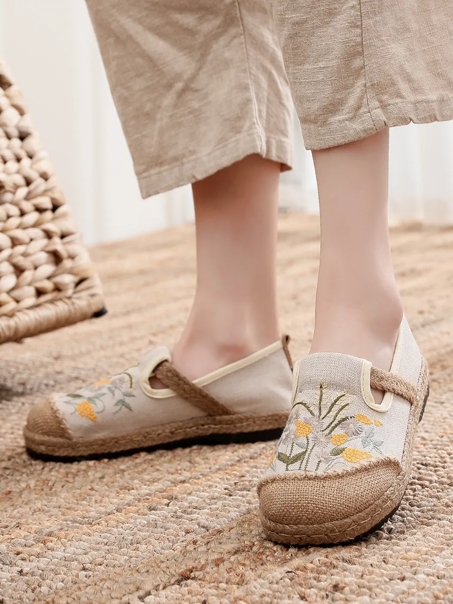 Field Corn Embroidered Round Toe Linen Espadrilles - Beige