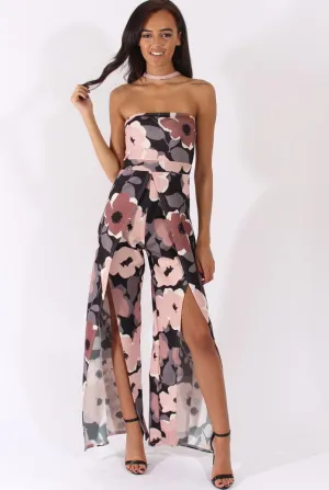 Floral Print Bandeau Choker Split Detail Jumpsuit - Rosy