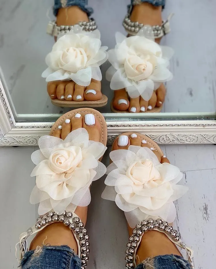 Flower String Beads Ankle Straps Flat Sandals