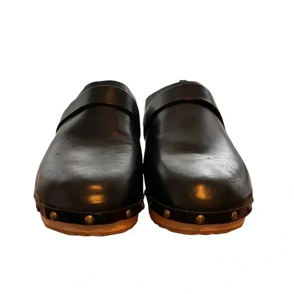 Free People Callum Clogs Black Leather Studded Wooden Base Size 37 6.5