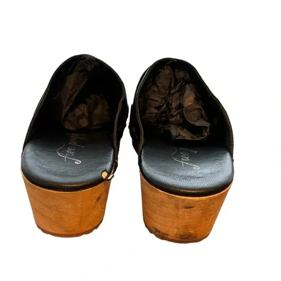 Free People Callum Clogs Black Leather Studded Wooden Base Size 37 6.5