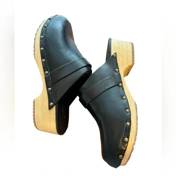 Free People Callum Clogs Black Leather Studded Wooden Base Size 37 6.5