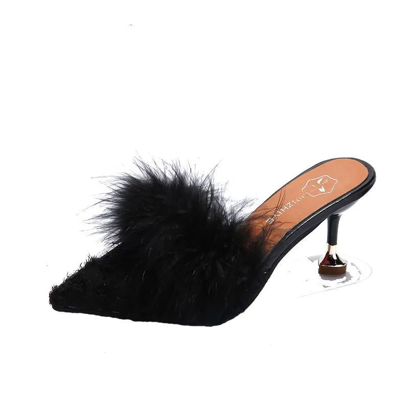 Fur Trim Pointed Toe Kitten Heels