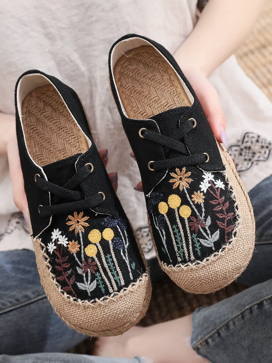 Garden Embroidered Linen Boat Shoes Espadrilles - Black