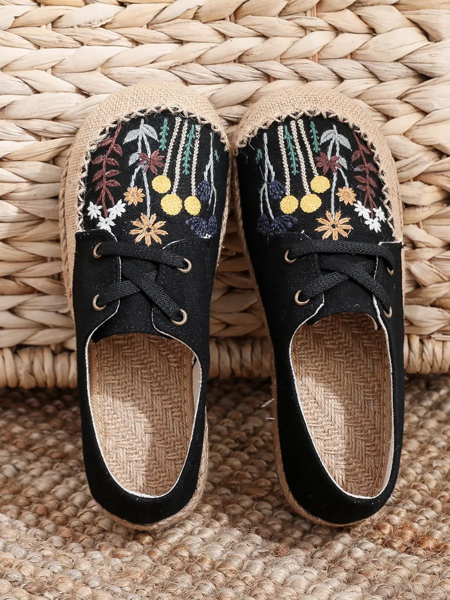 Garden Embroidered Linen Boat Shoes Espadrilles - Black